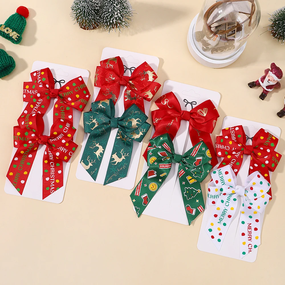 2Pcs/Set New Year Party Christmas Decor Hair Bows Girl Kids Christmas Decorations Supplies Baby Hair Accessories Gift Wholesale