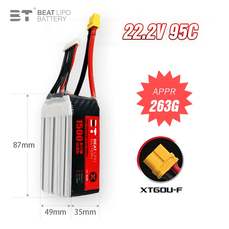 

Upgrade 6s 22.2V 1500mAh 95C LiPo Battery For RC Helicopter Quadcopter FPV Racing Drone Parts 22.2v Drones Battery With XT60