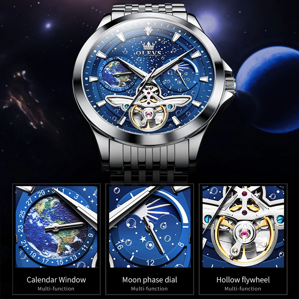 OLEVS Original Men's Watches Moon Phase Waterproof Luminous Fully Automatic Mechanical Watch Starry Sky Dial Hollow Out Design