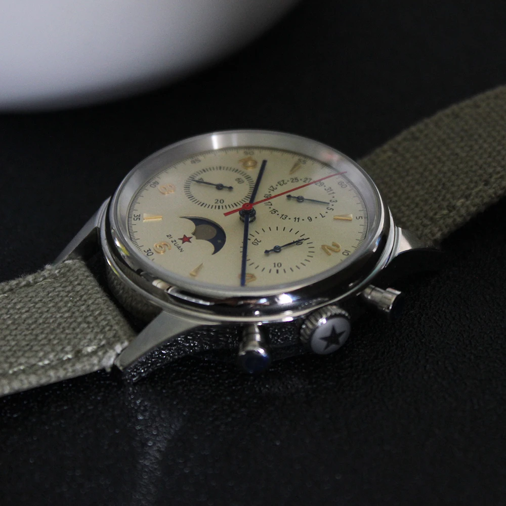 سلاح الجو الصيني ساعة كرونوغراف الرجال 1963 خمر ساعة ميكانيكية للرجال الطيار 40 مللي متر الياقوت القمر المرحلة ساعات المعصم العسكرية