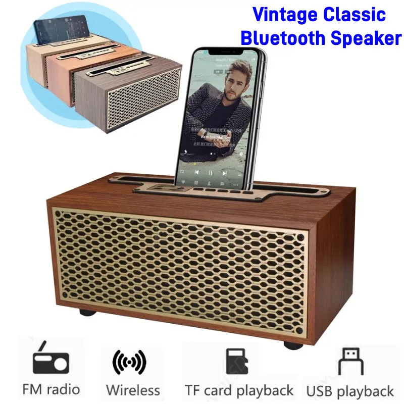 

FM Vintage Wood Grain Bluetooth Speaker TWS Wireless Subwoofer Outdoor Portable Radio Gift Stereo Mobile Phone Stand Speaker AUX