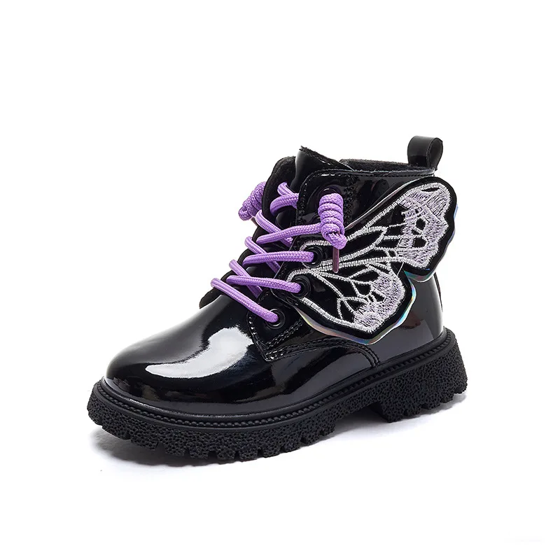 Children New Fashion Martine Boots Girls Butterfly Solid Color Boots Lace Up Side Zipper Winter Boots Non-slip PU Leather Shoes