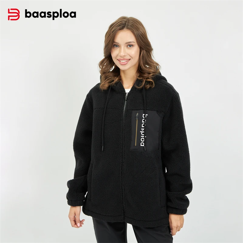 

Baasploa New Women Fleece Hoodies Winter Fashion Solid Color Loose Hooded Sweatshirts Female Casual Long Sleeve Zip Jacket Coats