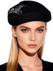 Elegant Black/Navy Blue Wool Felt Fascinator Hat for Women Ladies - Formal Church Wedding Tea Party Beret Cap with Leaf Detail