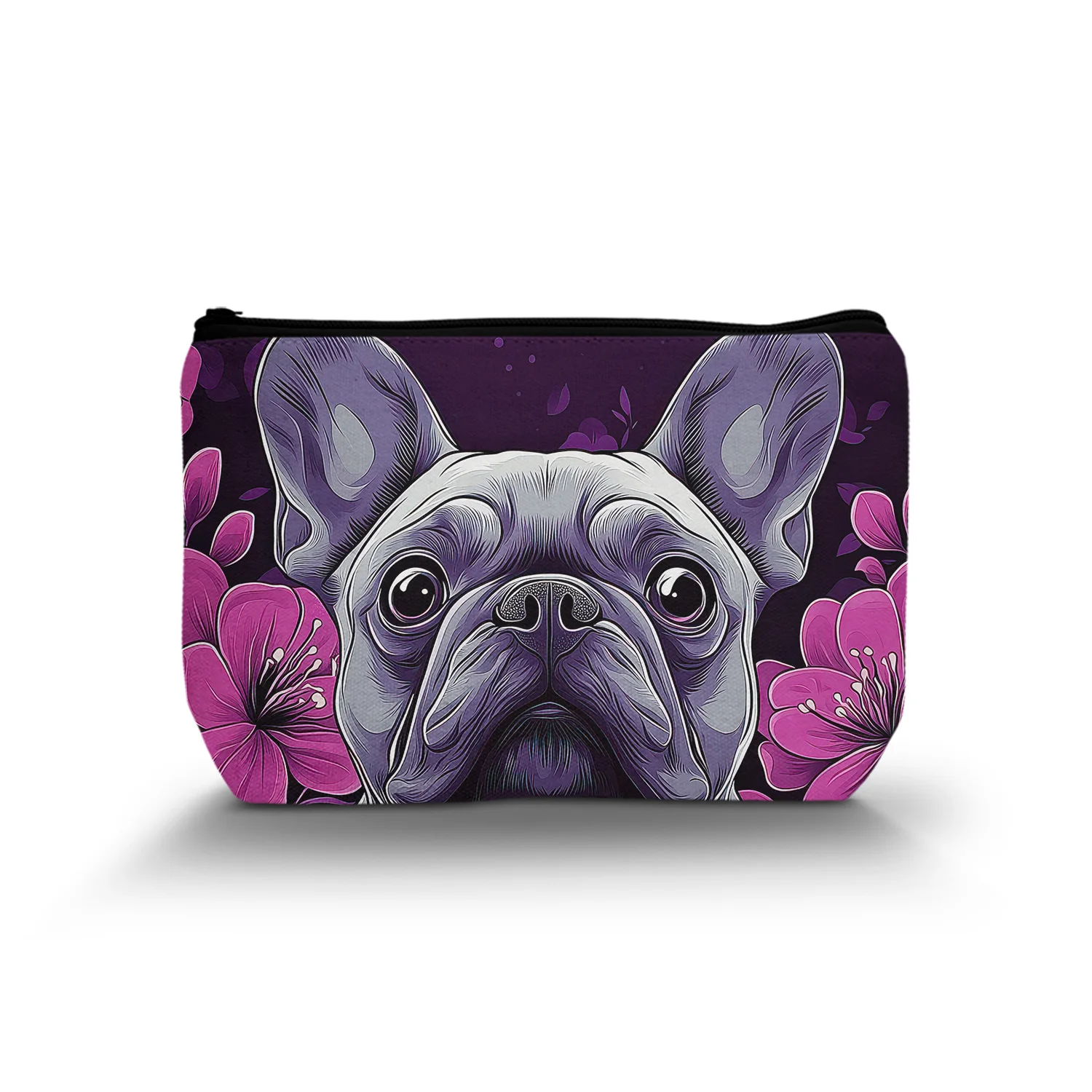 1Pc French Bulldog Floral Cosmetic Bags For Women Wonderful Idea Black Dog Purple Flower Special Design Makeup Bag 8.66X5.51Inch