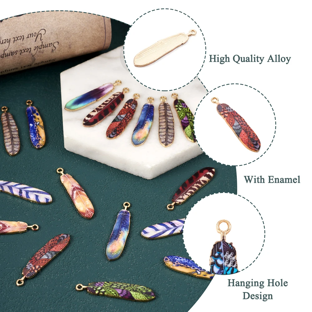 20Pcs Vintage Printed Feather Charms Rack Plating Metal Alloy Pendants For Necklace Bracelet Earrings Jewelry Making Findings