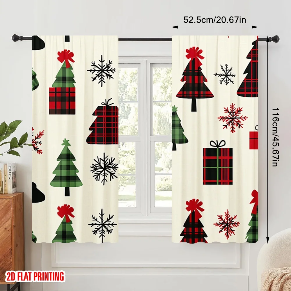 2pcs,2D plane printing Print Curtains Buffalo Plaid Christmas Trees Snowflakes_b Durable 100% Polyester Fabric (without rod) All