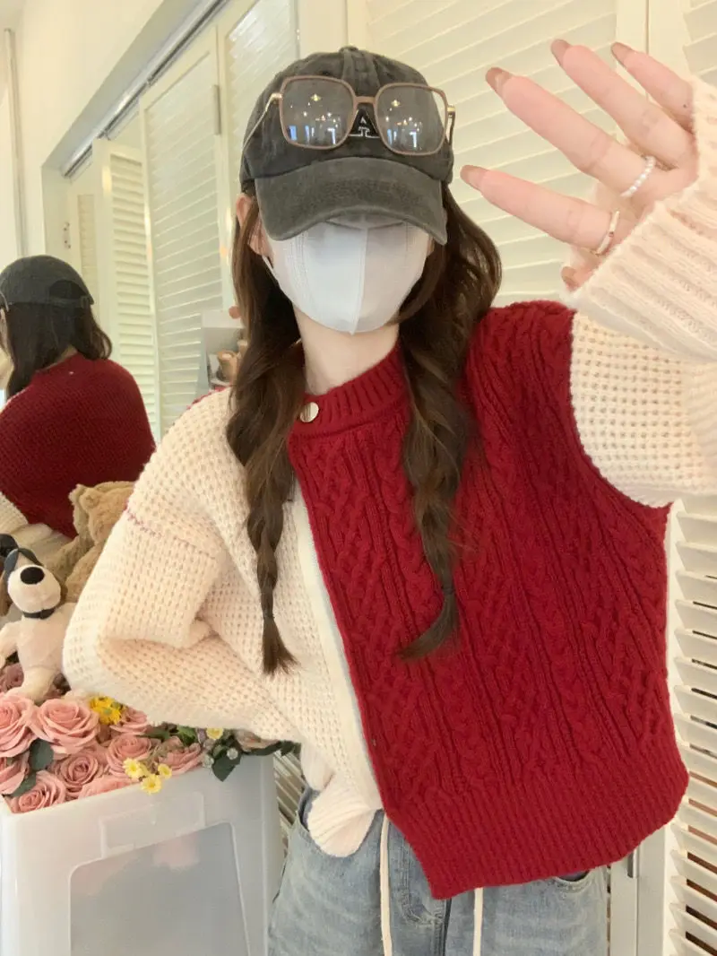 Colorblock zipper twist sweater jacket for women in spring, autumn and winter, loose short knitted cardigan top for small people