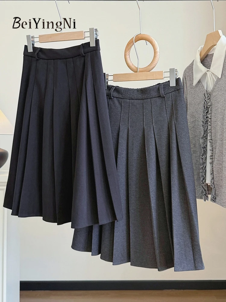 Beiyingni Winter Gray Woolen Pleated Skirts for Women 2026 Autumn Plain Knee-length Short Skirt Hotgirl Slim High Waist Faldas