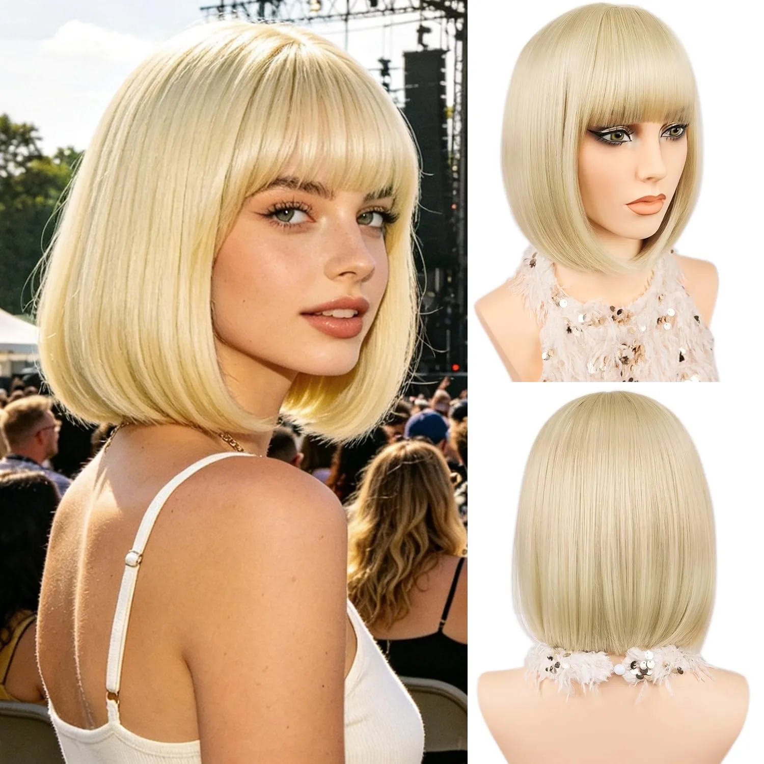 Golden fashion bob hairstyle synthetic wig, Halloween party cosplay role-playing wig, daily wig, hot weather hairpiece set