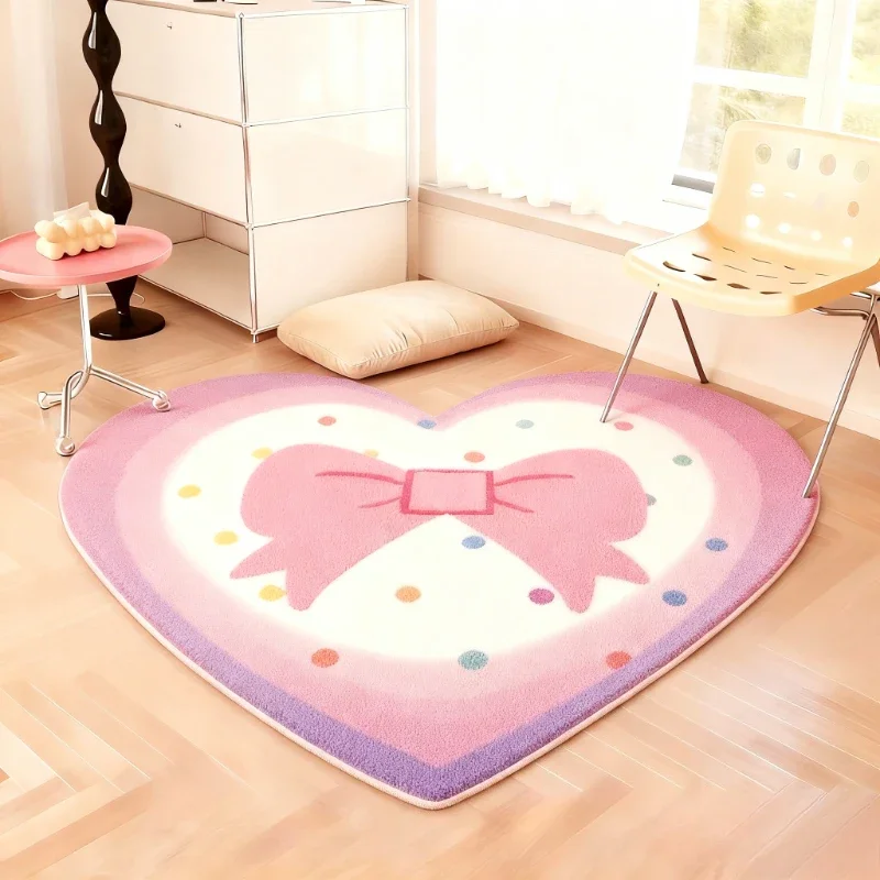 Heart Shape Rugs for Bedroom Bow Pattern Living Room Decoration Pink Carpet Thick Plush Bedside Rug Home Fluffy Soft Floor Mat