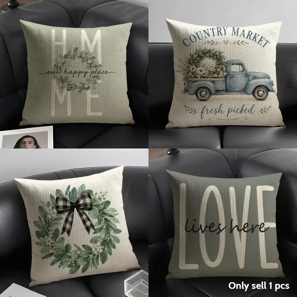 Wreath Truck Cushion Cover Linen Organic Fabric Double-Sided Printing Sofa Breathable Home Decor Gift Pillow Case