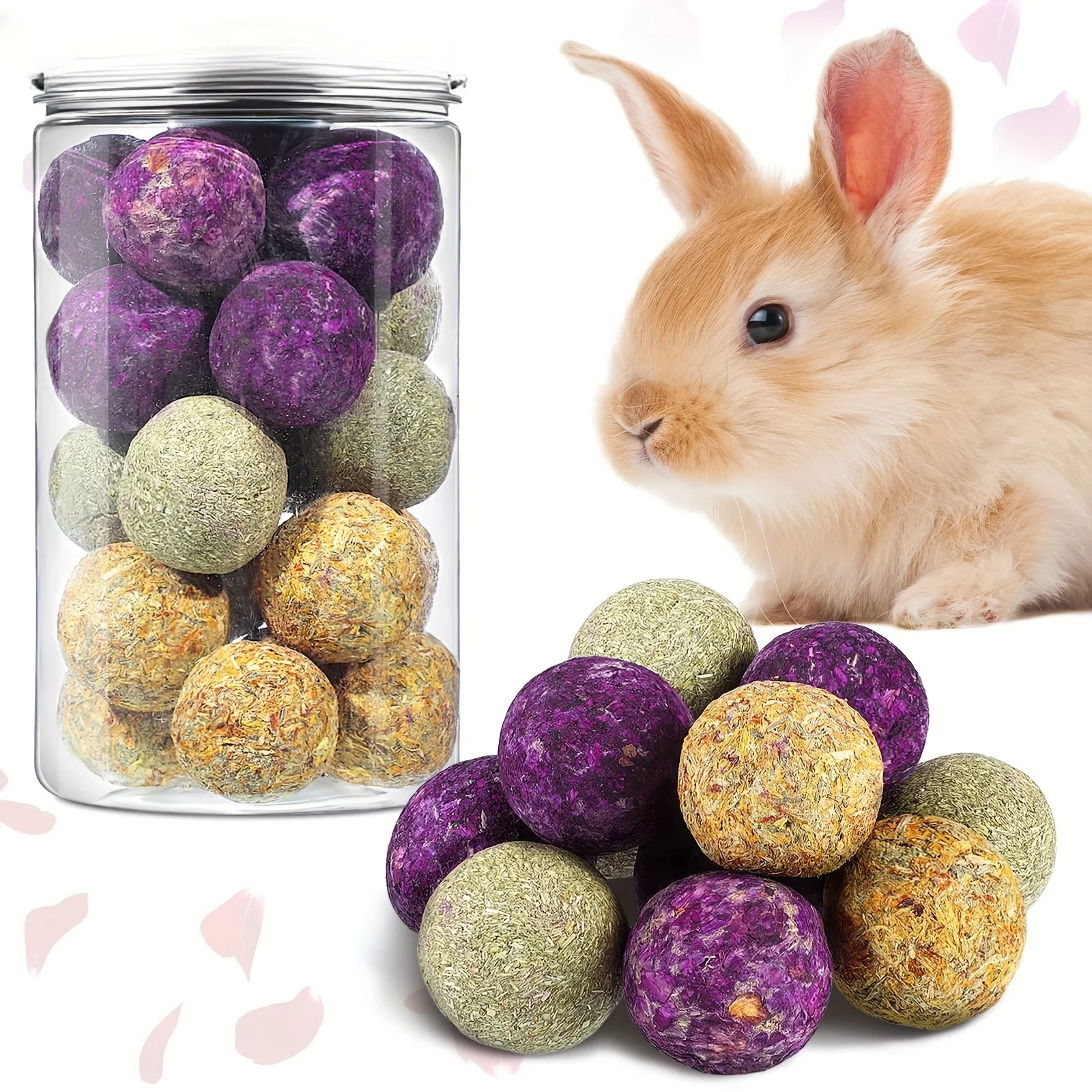 30Pcs/15Pcs Bunny Chew Toys, 100% Natural Flowers Flavored Timothy Hay Balls Rabbit Chew Treats for Hamster Guinea Pigs Rats Chi