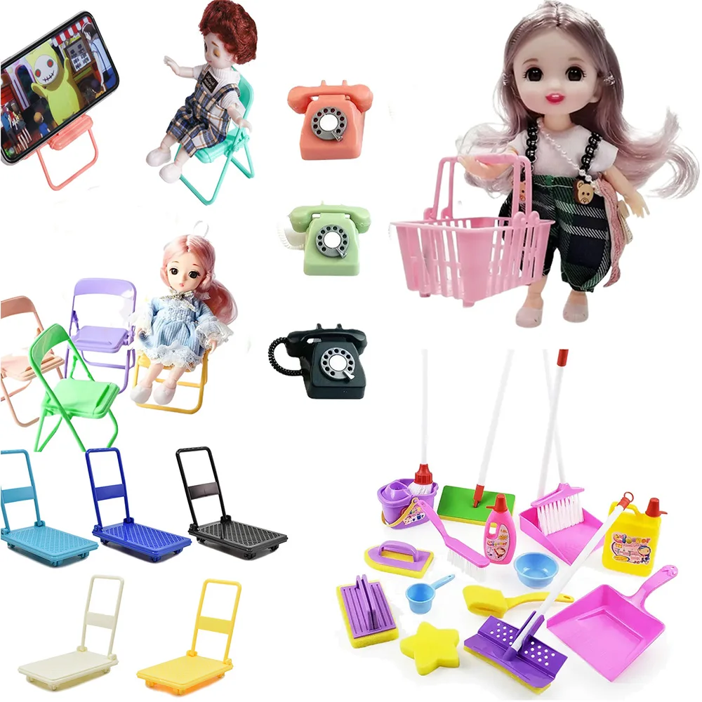 1: 12 Toy House Mini Household Goods Mini Telephone Trolley Basket Violin Stool Model Baby House Accessories