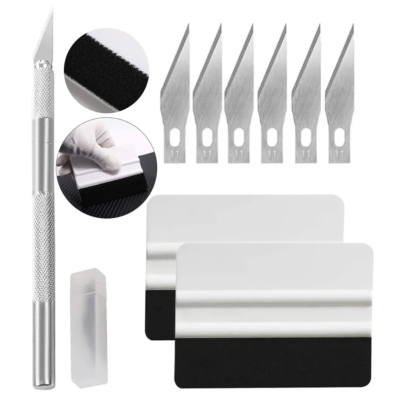 Conjunto Completo de Ferramentas para Aplicação de Película Automotiva com 8 Peças: Raspador de Vinil, Cortador e Espátula para Instalação de Películas Automotivas, Adesivos e Papel de Parede