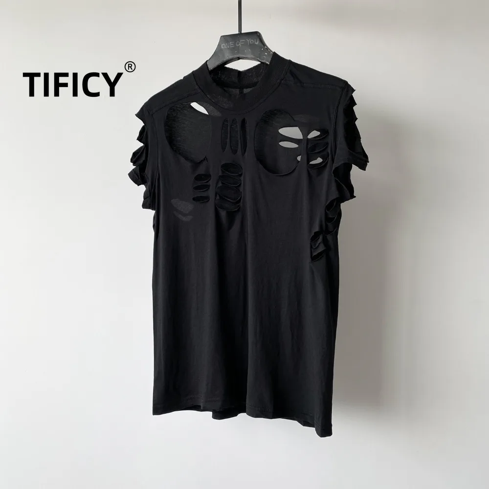 

High Street RO Style Tees Tshirts Men's Diablo Erosion Hollowed Out Short Sleeved Sreetwear Casual Loose T-shirt with Holes