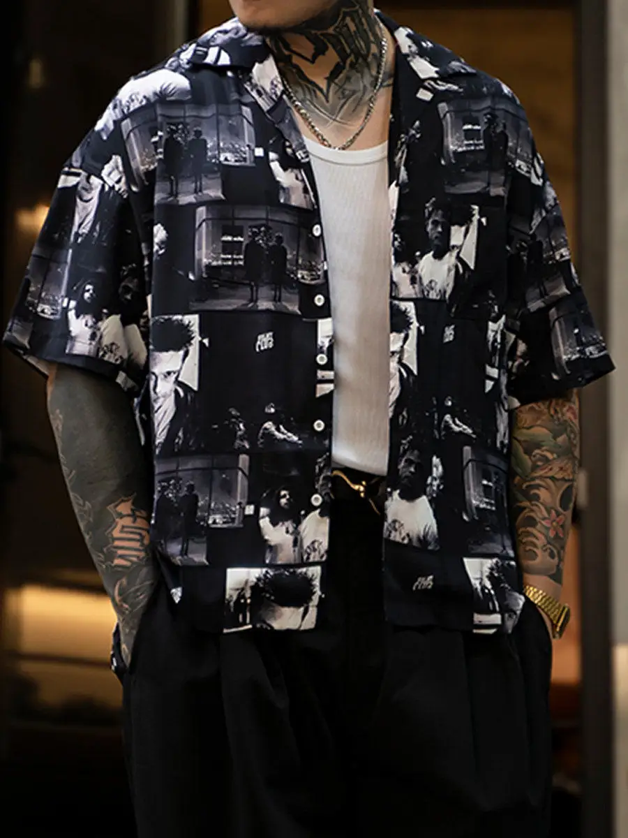 

Мужская гавайская рубашка свободного кроя с портретным принтом, повседневная летняя рубашка с коротким рукавом, молодежная модная рубашка из полиэстера с острым воротником