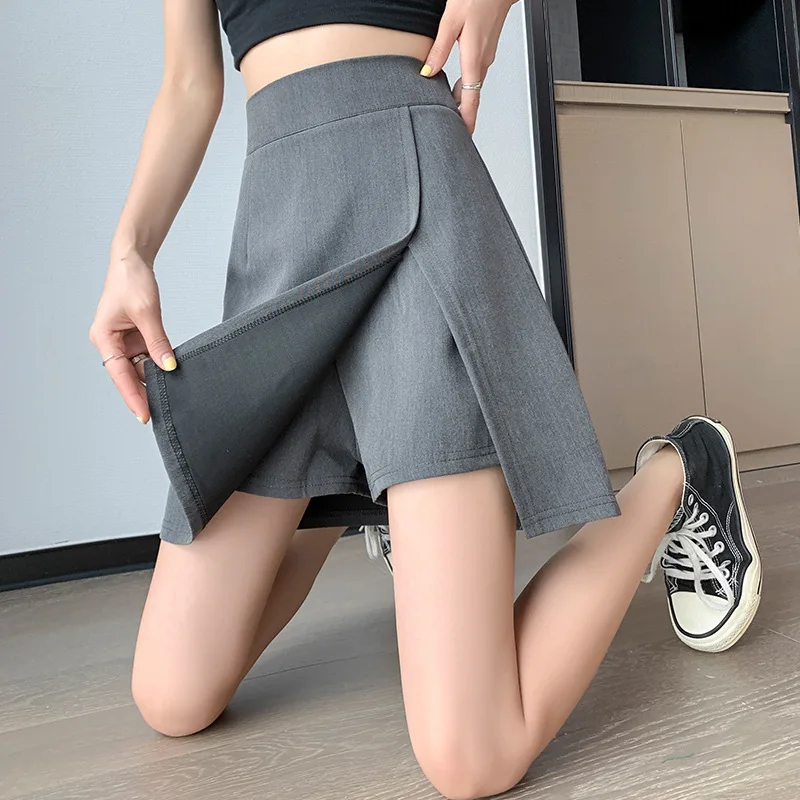 

High Waist A-Line Skirt for plus Size Women Black Asymmetrical Slit Spring Summer Thickened Woolen Fabric Short Skirt
