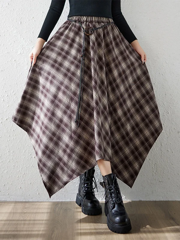 

Irregular Plaid Woolen Skirt Women's High Waist A-Line Skirt Autumn Winter Casual Large Size Casual Forest Girl Artistic