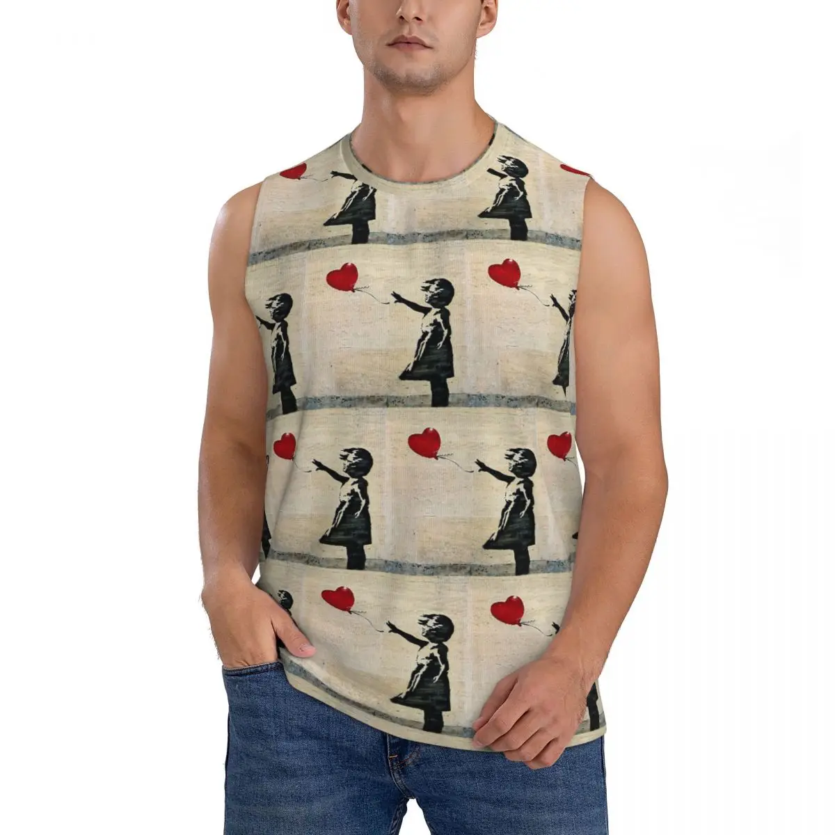 Banksy's Girl With A Red Balloon Men Sleeveless Tank Tops Quick Dry Breathable Gym Fitness Running Summer Casual Sport Vest