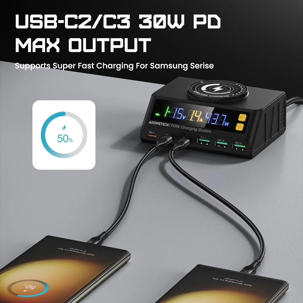 Cargador inalámbrico USB de 110W, estación de carga rápida PD QC 3,0 tipo C de escritorio de 6 puertos para IPhone, portátil, Xiaomi y Samsung
