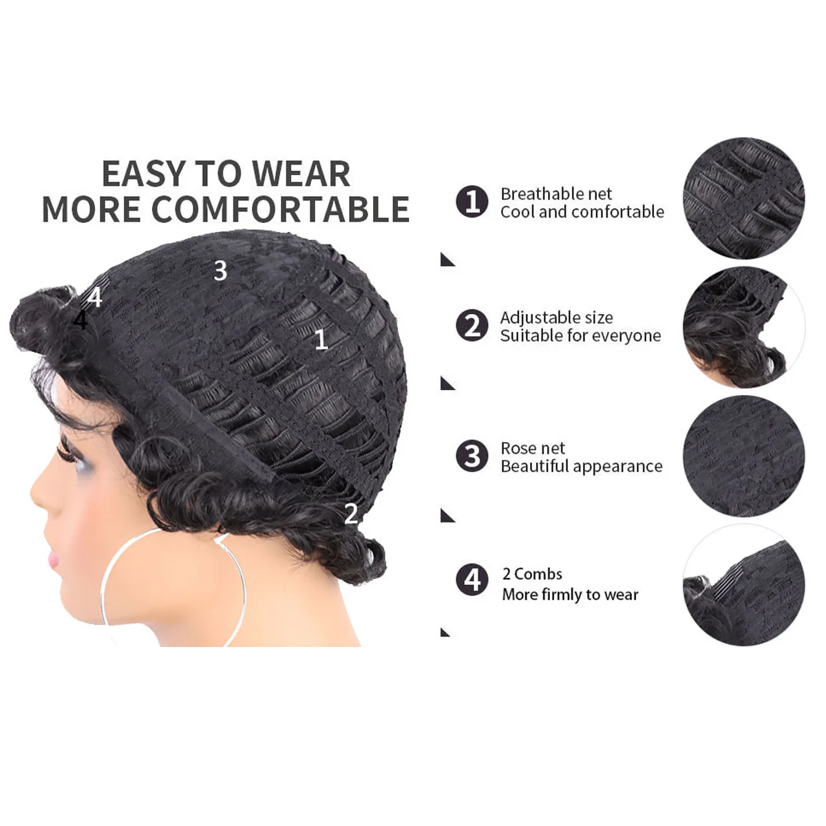 Peluca sintética elegante estilo Pixie para mujer, forma Natural, con tapa de malla con botones y flequillo, fibra resistente a altas temperaturas