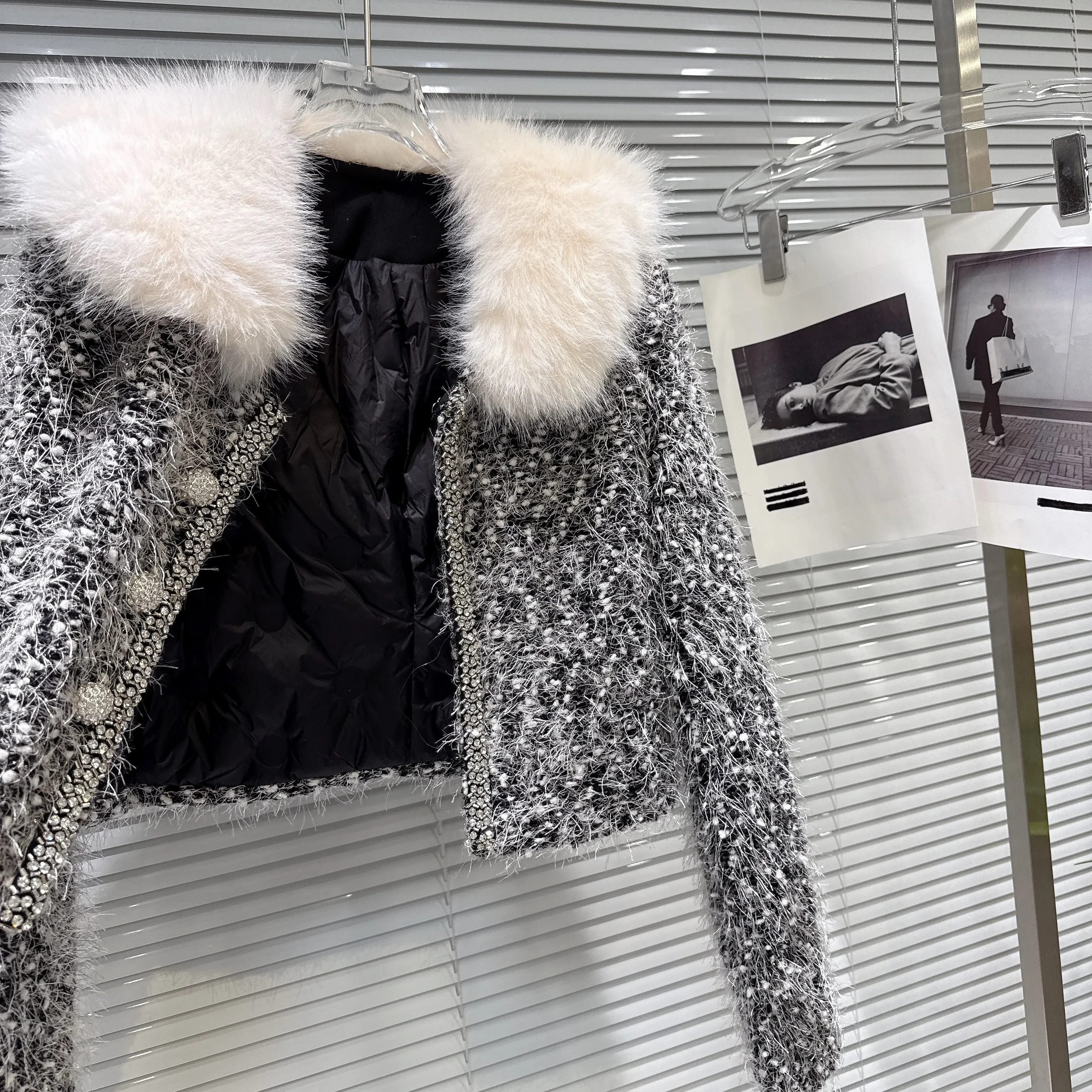 Style coréen élégant mode Socialite col en peluche à manches longues vers le bas manteau court paillettes Mini jupe deux pièces ensemble pour les femmes hiver