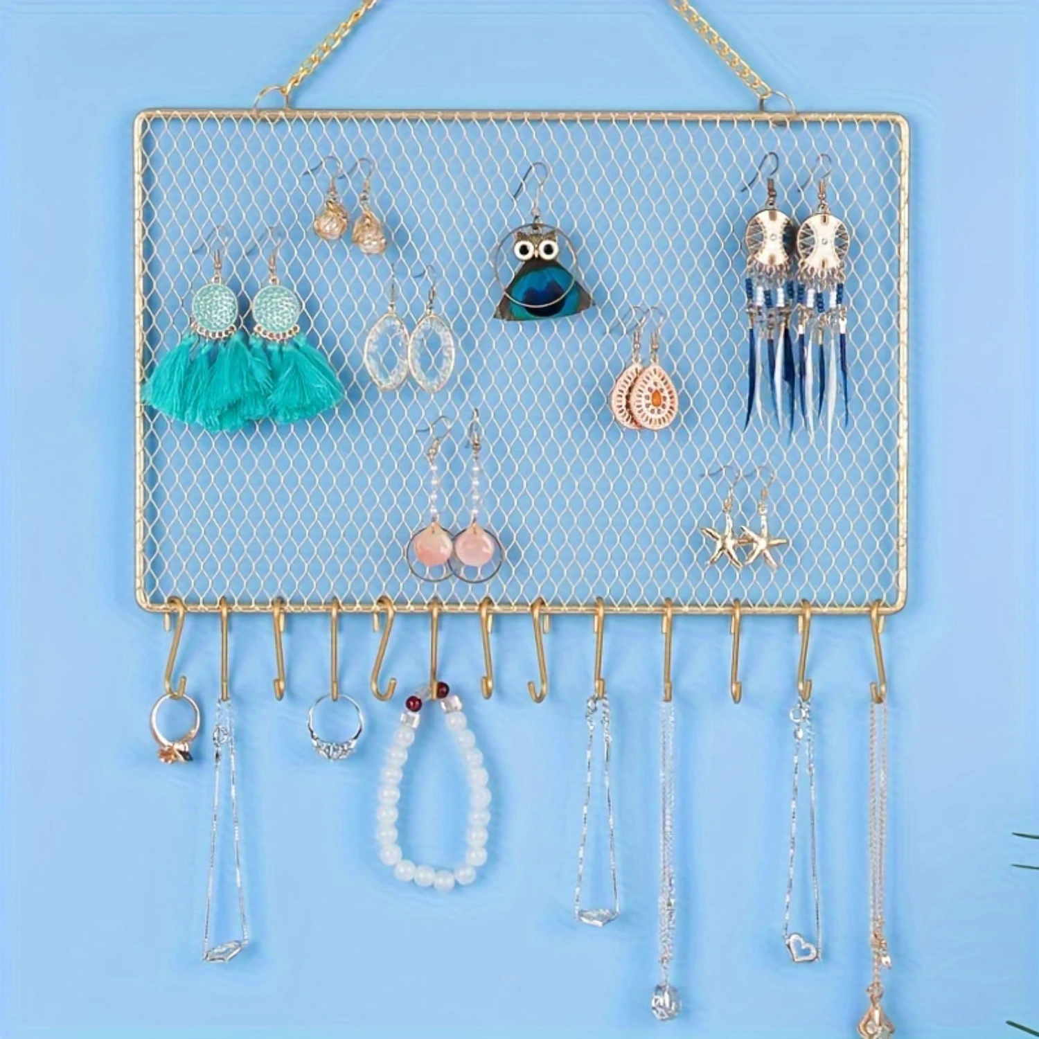 Golden Metal Mesh Jewelry Organizer, Rectangular Wall Mounted Display Rack, Earrings Pendant Necklace Bracelet Headband Holder