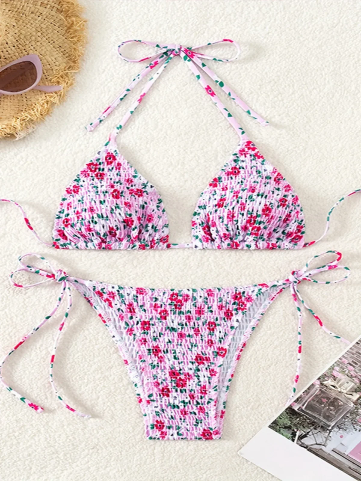 Flower Print 2-piece Swimsuit for Women Triangle Bra Suspender Backless Bikini Set Low Waist Thong Beach Vacation Swimwear 2024