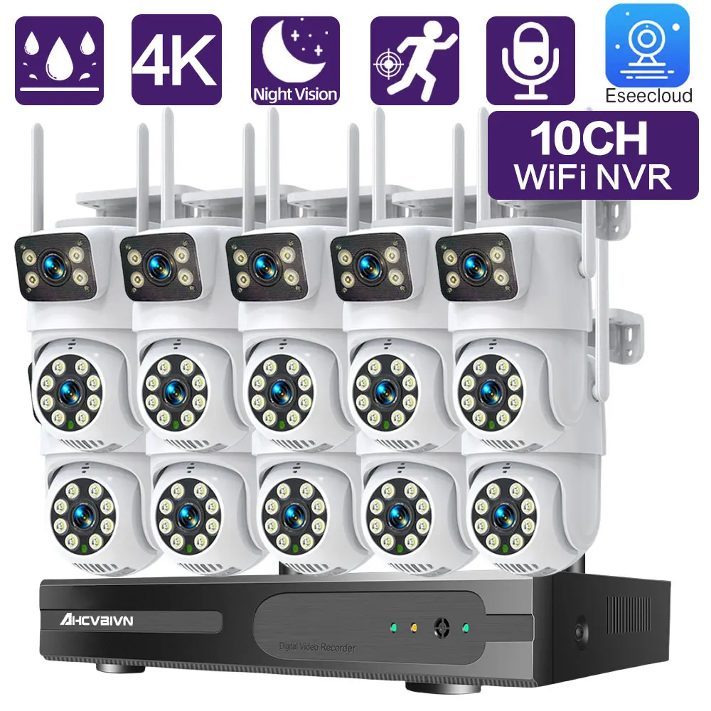 

10CH Wireless 8MP Wireless Dual Lens PTZ WIFI IP Security Camera System Set Auto Tracking 8CH Wifi NVR Video Surveillance System