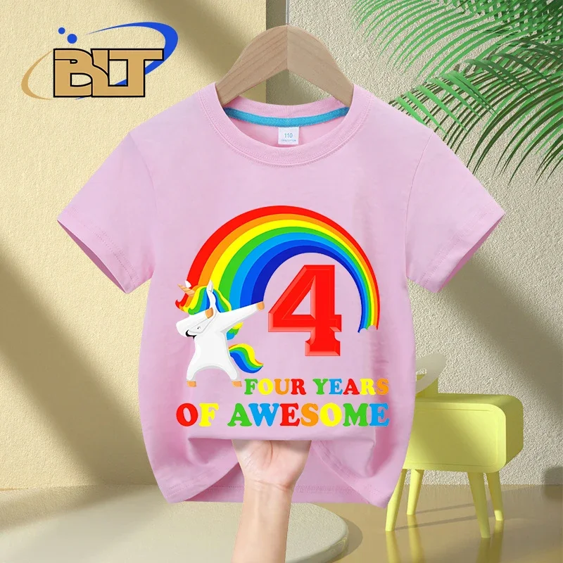 Camiseta infantil pintada com unicórnio, blusa casual de algodão de manga curta, presente do 4 ° aniversário