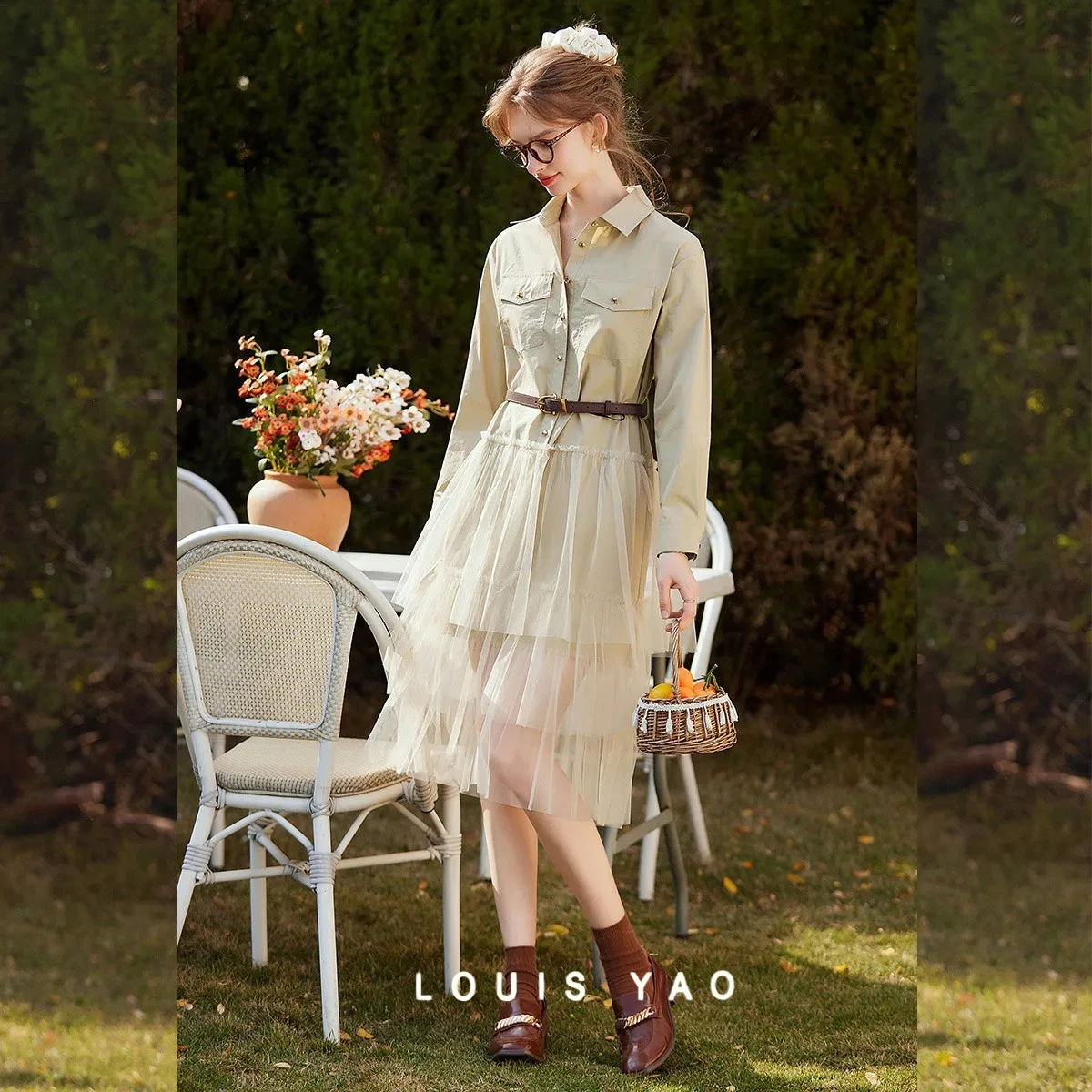 Fashion Mesh Splicing Women Dress Elegant Shirt Collar Half-Placket Detachable Belt Long Sleeve Dress Spring New 2025