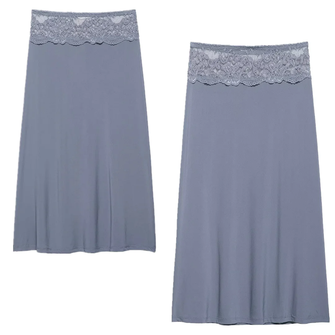 

Maxdutti French Minimalist Elegant Slim Fit Patchwork Lace Skirt Blue Color Midi Straight Skirt Woman Clothing Faldas Skirts