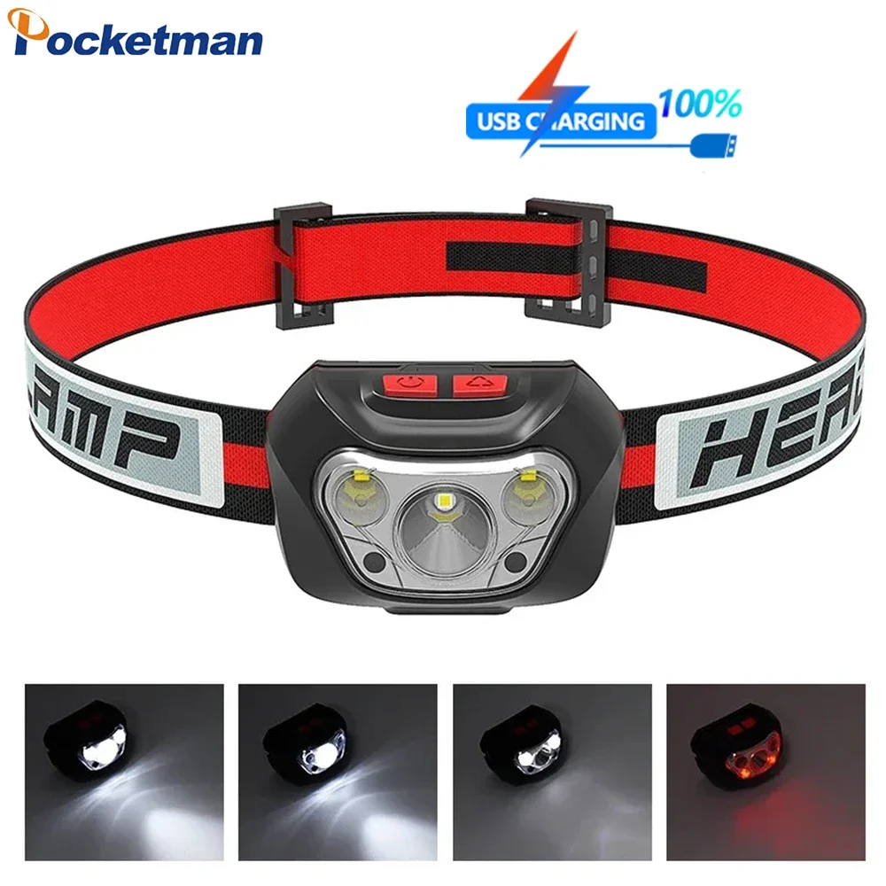 High Lumen LED+COB Headlamp Outdoor Waterproof Headlight AAA Battery Powered Emergency 6 Lighting Modes Head Lamp with Red Light