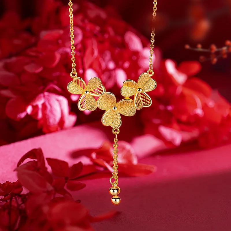 9999 Real Gold 24K Premium Wedding Bridal Flower Necklace Spring Clover Flower Collarbone Necklace