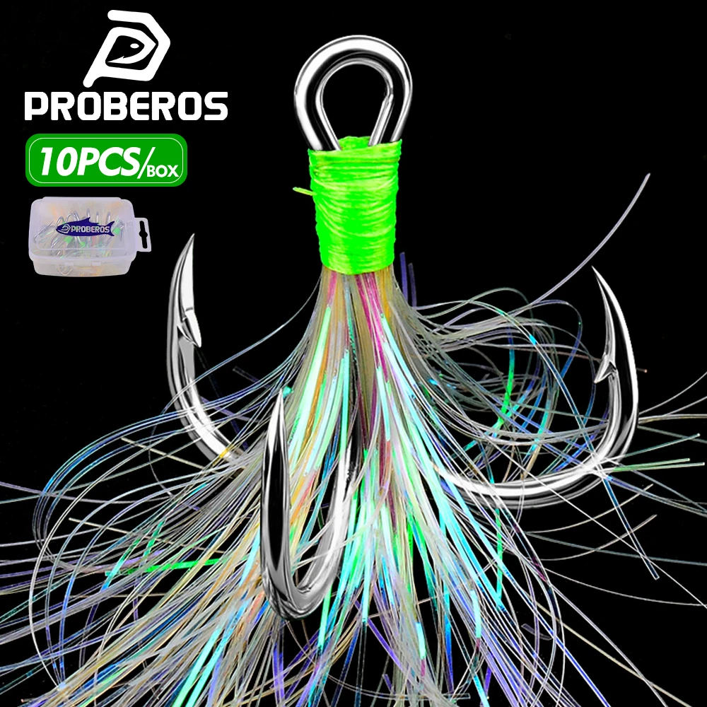 Proberos 10pcs/box Jigging Assist Treble Hooks With Tinsel, Feather Reinforced And Thickened Three-Hook