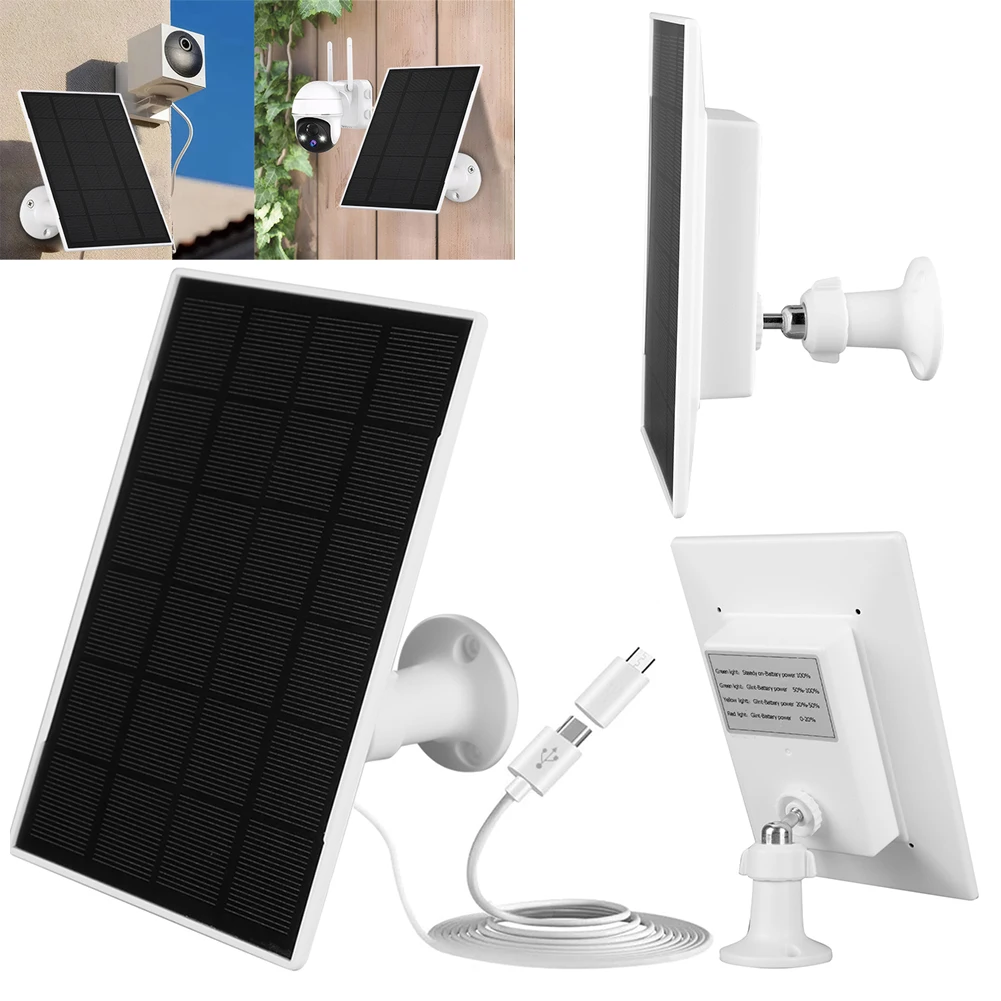 5V 10W Waterproof Solar Panel with 4000mAh Battery Adjustable Mounting for Security Cameras and Doorbells