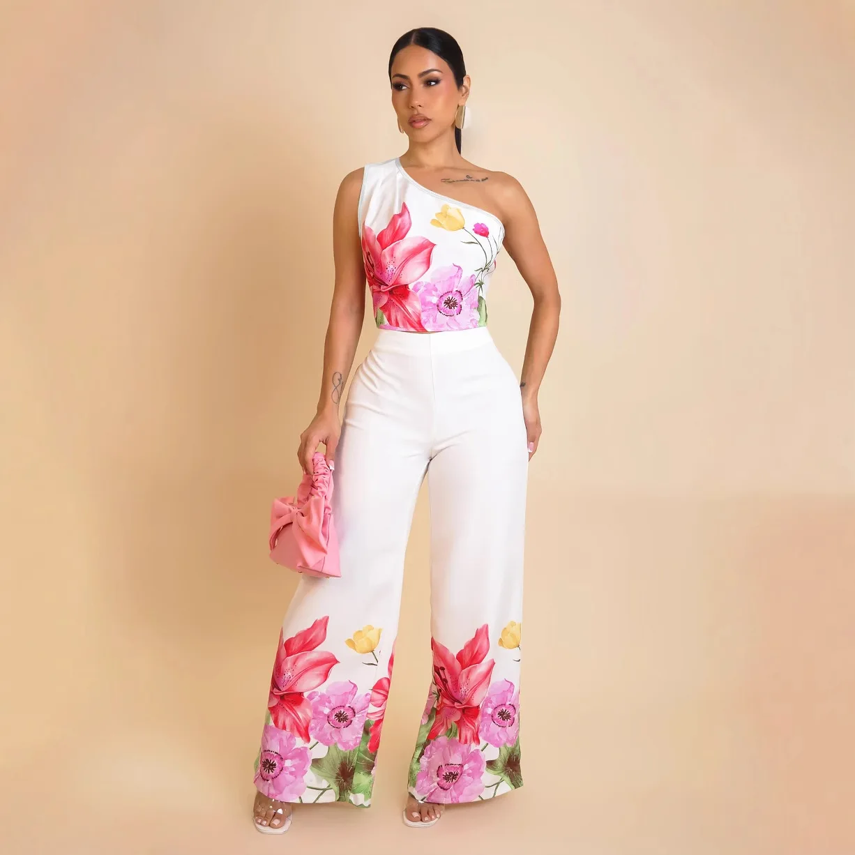 أزياء المرأة البدلة اقتصاص أعلى مائل الكتف سليم صالح الأزهار طباعة عطلة السراويل المستقيمة 2 قطعة مجموعة للإناث #2