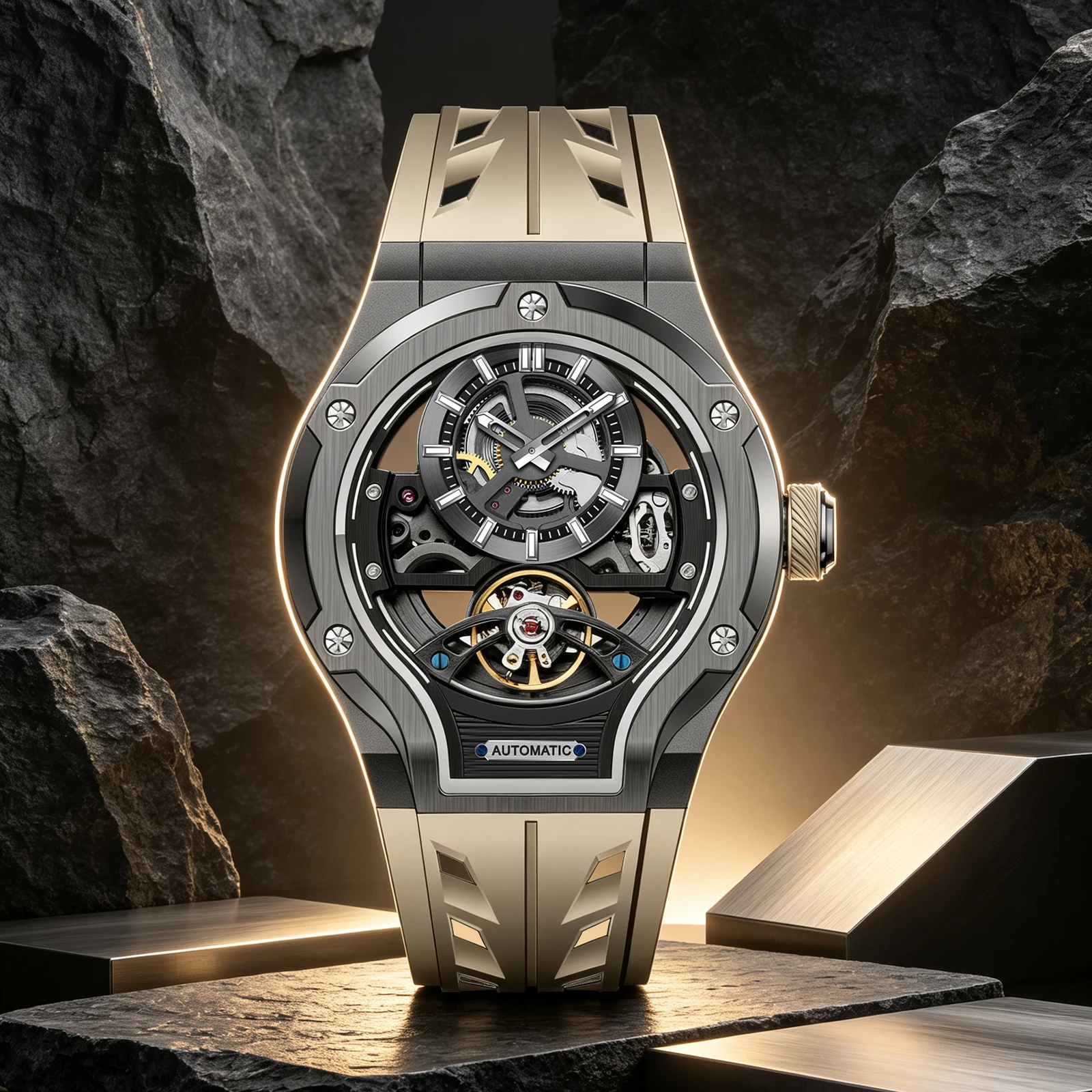 Globe Rose Gold Sky Hollow Flywheel Automatic Mechanical Watch Luxury Theme Sport Gentlemen New Rubber Rubber Watches CE8006G