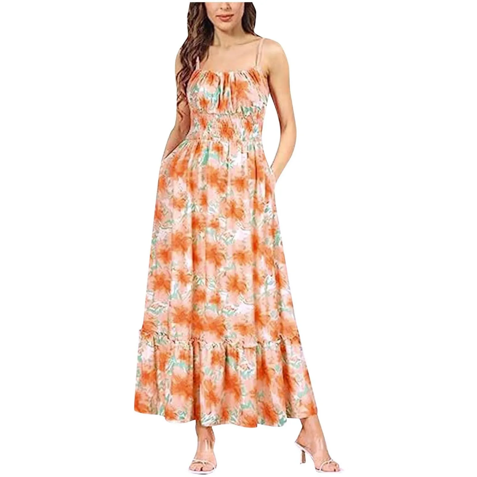 Womens Summer Maxi Dress Sleeveless Floral Spaghetti Strap Smocked Boho Beach Long Dress Beachwear For Vacation Women's Dress