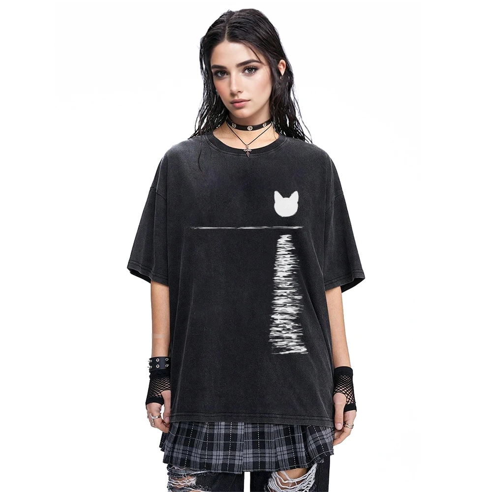 Cat Reflection Washed Tshirt Minimalist Graphic Trendy Summer Casual Loose Short Sleeved Relaxing Comfortable Cloth Tops