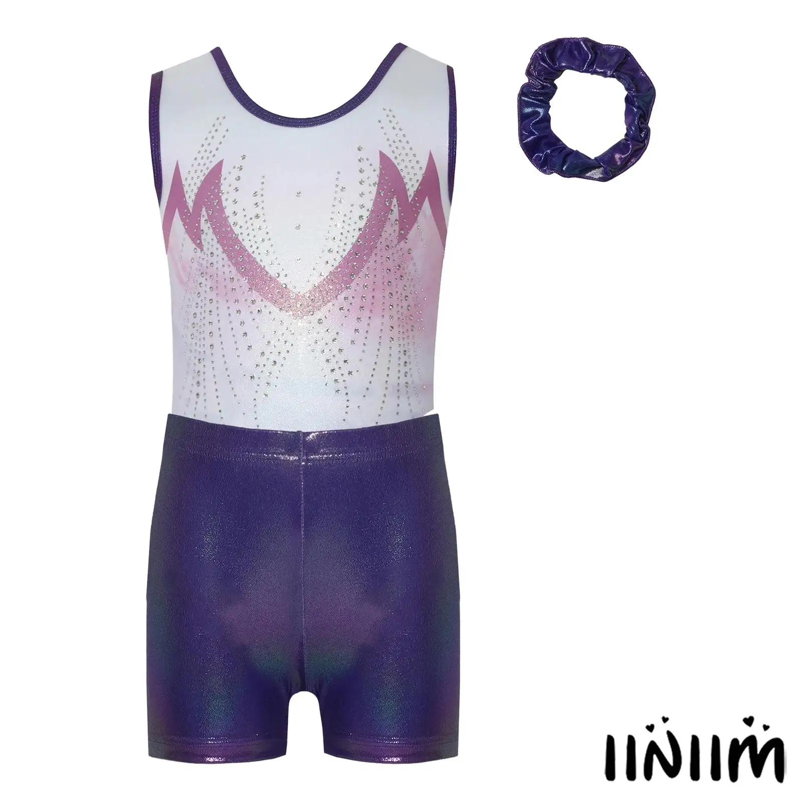 

Kids Girls Gymnastics Dance Outfit Sleeveless Shiny Rhinestone Printed Metallic Yoga Ballet Leotard with Shots and Hairband