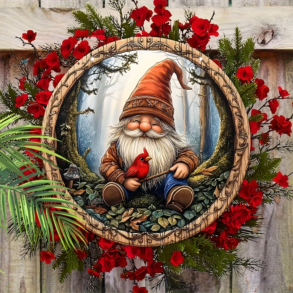 2D Flat, 1pc, 7.87in Wooden Christmas Sign with Gnome & cardinal Pattern Design - Christmas Round Sign for Front Door, Wall Hang