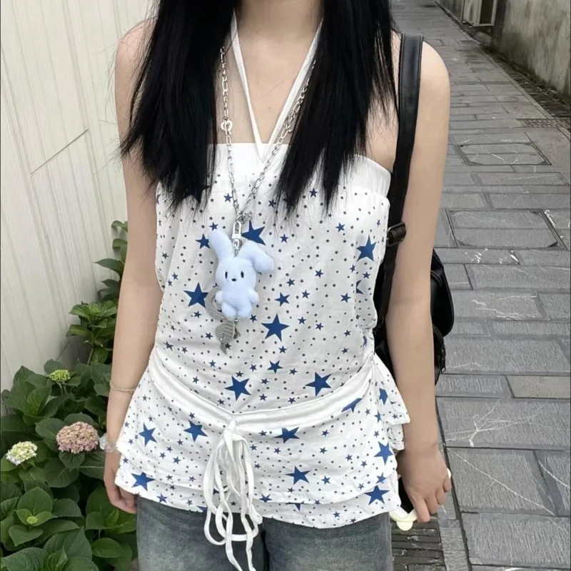 Vintage Subculture Star Print Neck-mounted Camisole Strapless Y2k Top Women Summer New Womens Clothing Fashion Chic Design Tanks