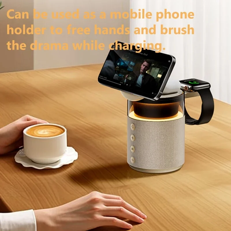 محطة شحن لاسلكية مغناطيسية 6 في 1 مع مكبر صوت BT5.4 لاسلكي، شاحن سريع لسلسلة IPhone IWatch AirPods #4