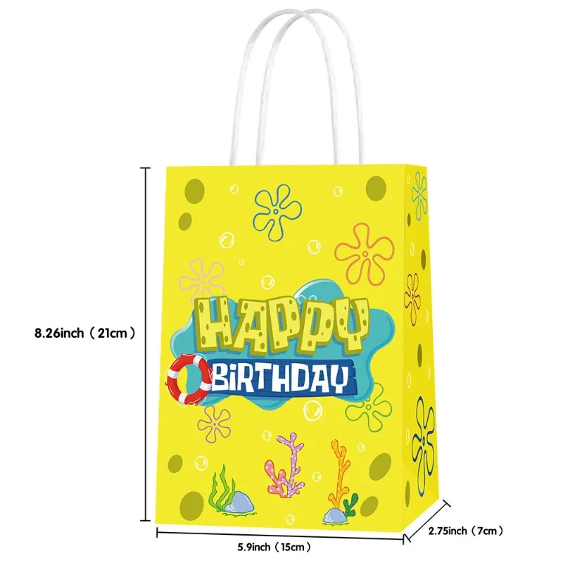 12pcs SpongeBob Kraft Gift Bags Anime Birthday Party Candy Bag Snack Packaging Bag Hand-held Paper Bags Wedding Party Decoration