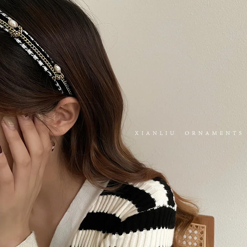 Retro Black White Pearl Headbands French Style Braided Chain Hairbands Sweet Street Head Hoop Crown Hair Accessories for Women