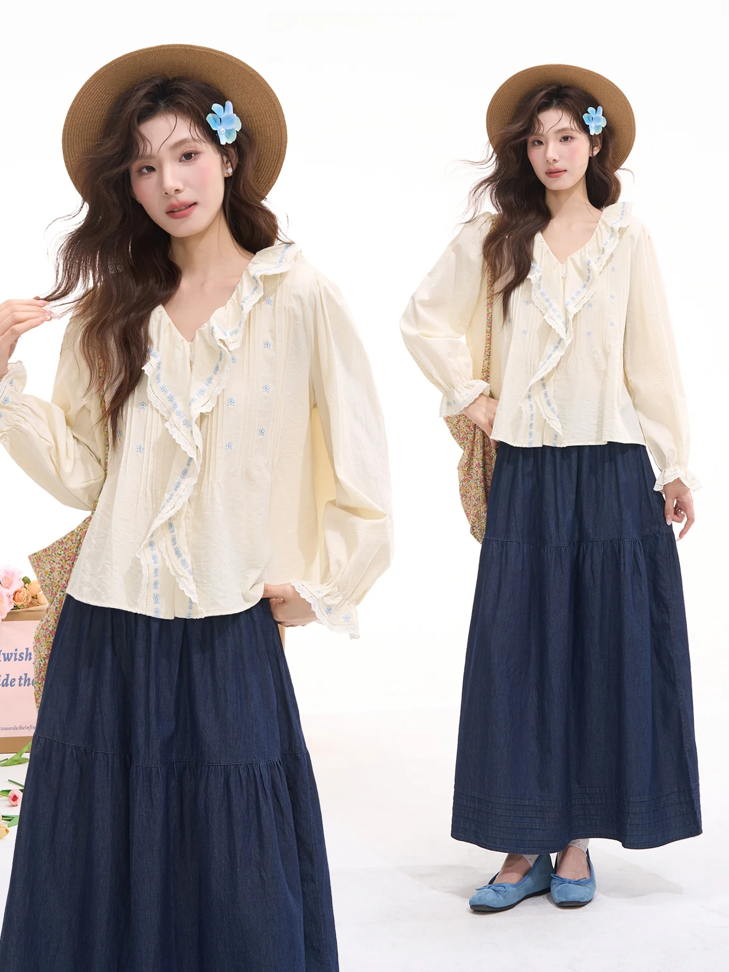 

Sweet Princess Style Long Sleeve Embroidered Honey Daisy Ruffle Hem Shirt Women's Spring Cotton Blend Cardigan Floral Print