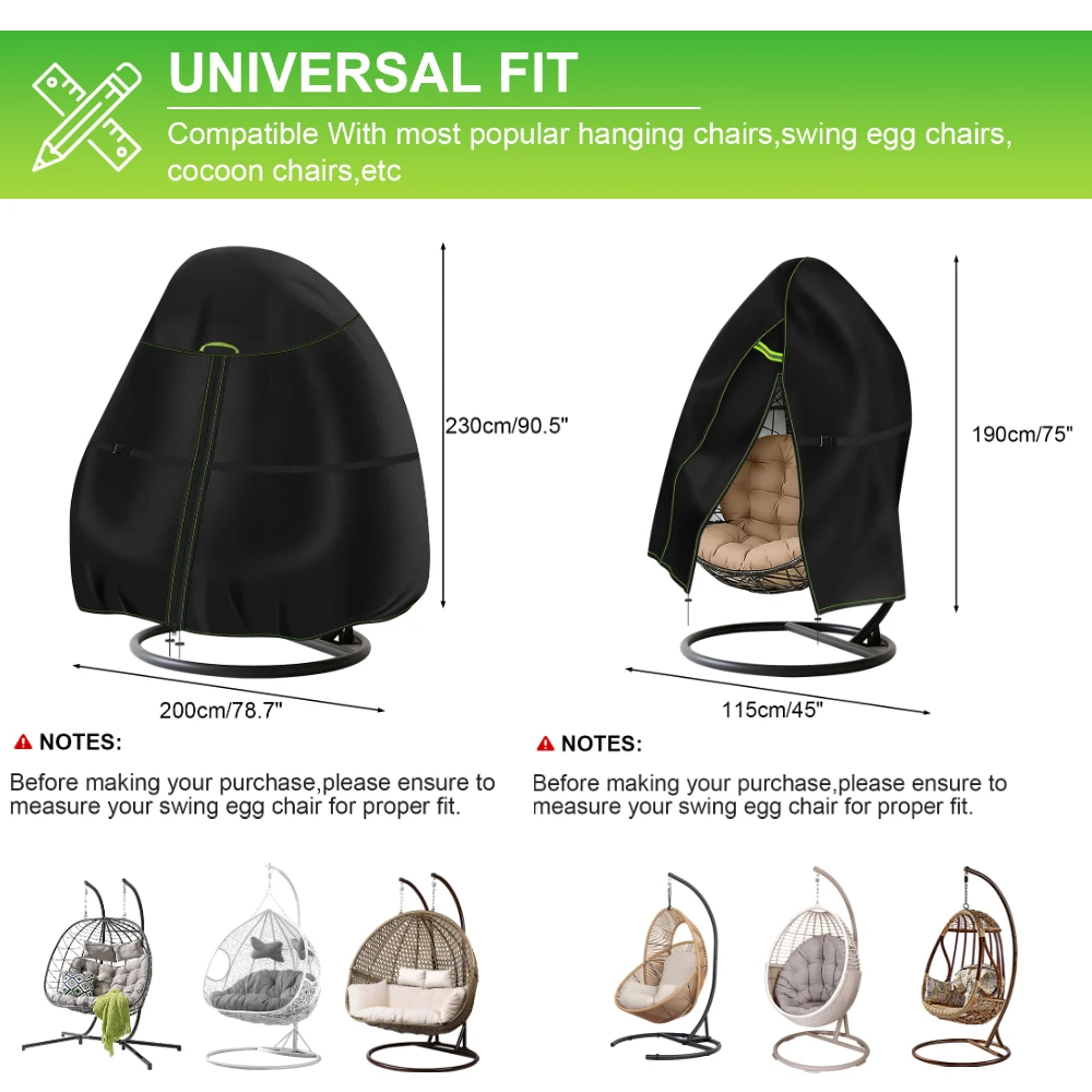 Waterproof Hanging Chair Cover with Zipper & Buckle Anti UV Outdoor Garden Swing Egg Chair Rattan Seat Furniture Cover