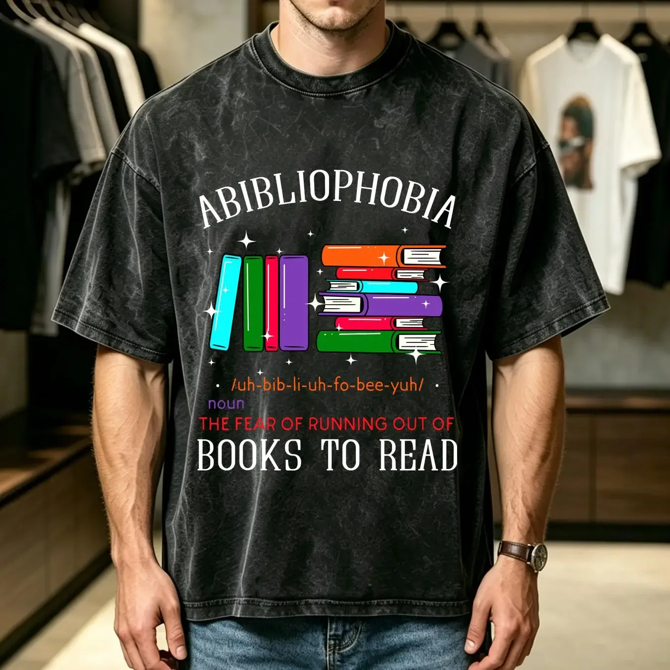 washed T Shirt Abibliophobia Bibliophilia Fear Read Bibliophile Bookworm long or short sleeves vintage Washed Breathable
